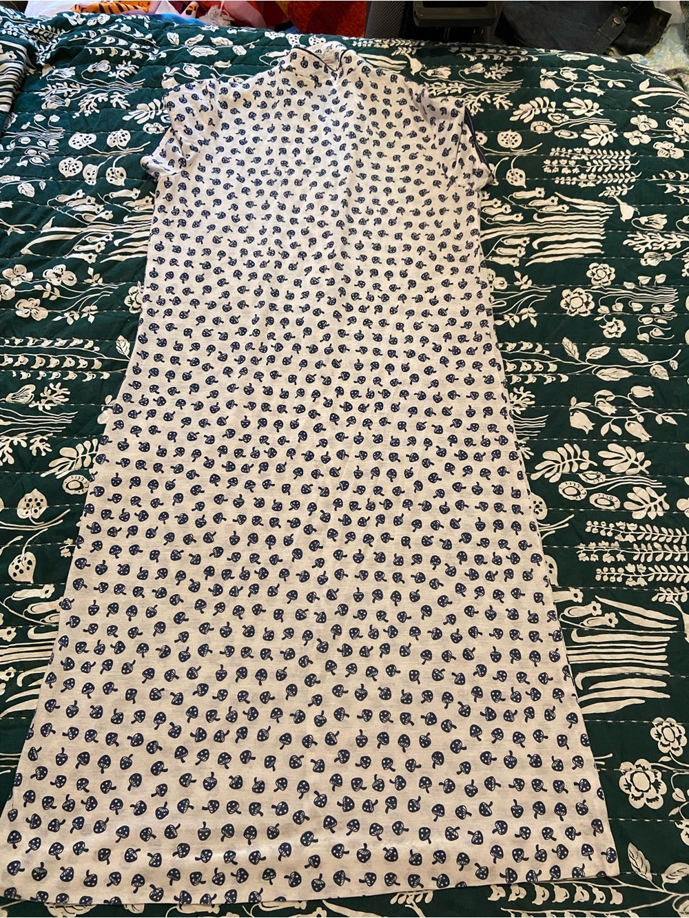 White and Navy Short-Sleeve Mushroom Midi Dress with Button Placket - Picture 5 of 9